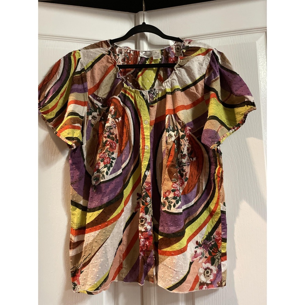 Harve Benard Blouse Womens 2X Multicolor Abstract Floral Swiss Dot Button Front